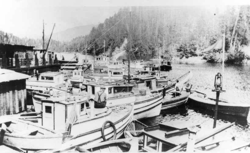 Kuvauksellinen näkymä kalastusveneistä Sointulan venesatamassa noin vuonna 1920. - Suomen Siirtolaisuusinstituutti